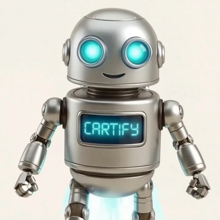 Cartify maskotu — göğsündeki ekranda CARTIFY yazan gümüş robot