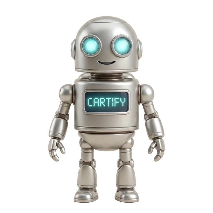 Cartify maskotu — göğsünde CARTIFY yazan ekranıyla gümüş robot