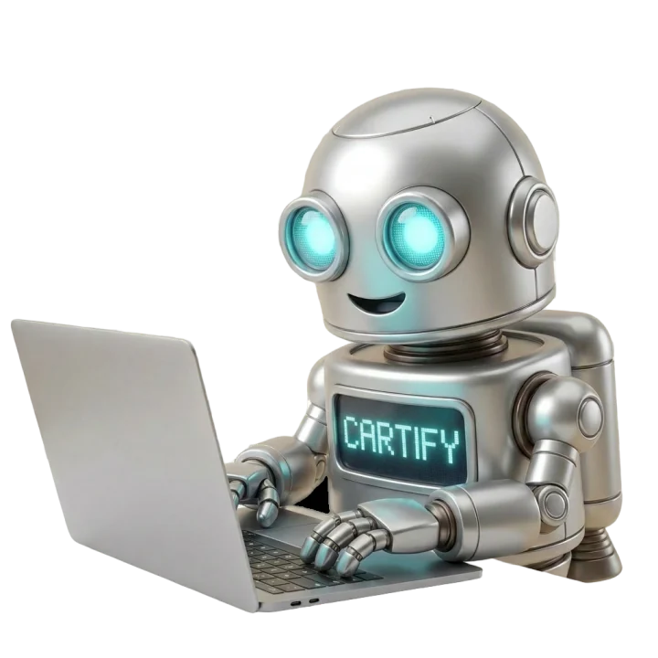 Cartify maskotu bilgisayar başında çalışıyor