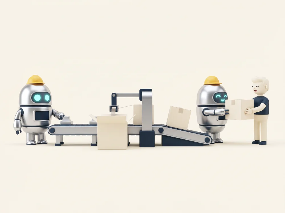 Baretli Cartify maskotu üretim hattında; ürün paketlenip müşteriye teslim ediliyor